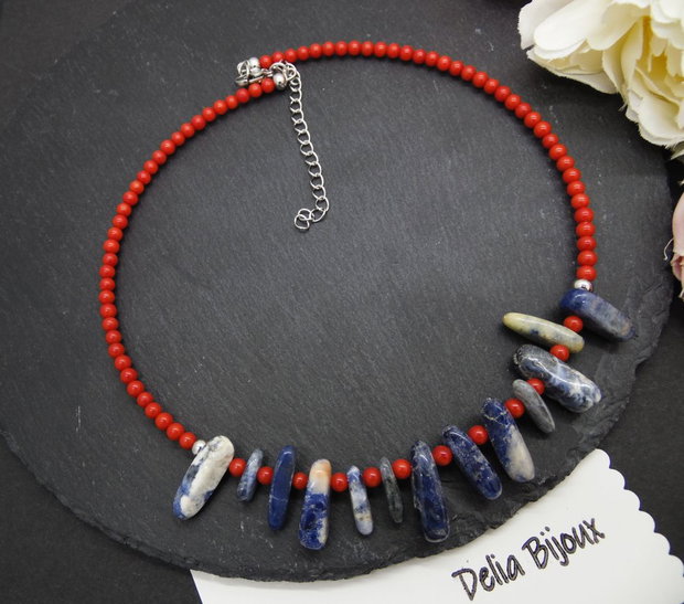 Colier statement handmade unicat - sodalit si coral (cod1253)