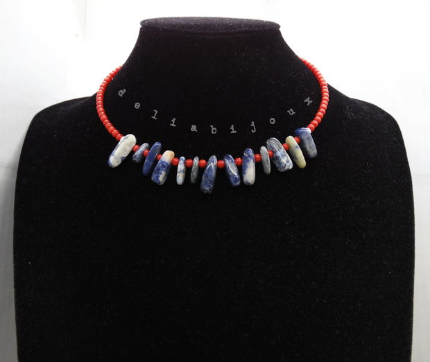 Colier statement handmade unicat - sodalit si coral (cod1253)
