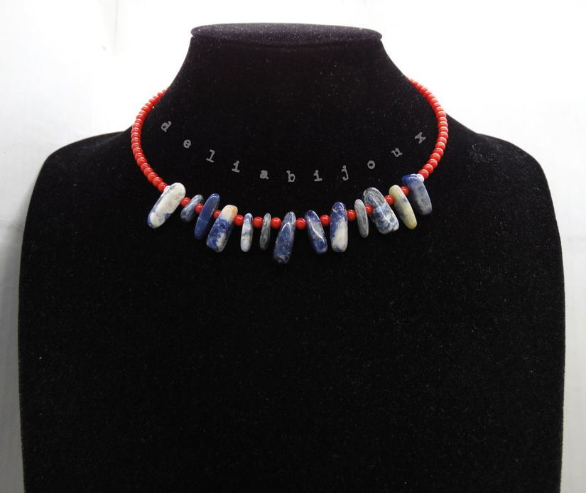 Colier statement handmade unicat - sodalit si coral (cod1253)