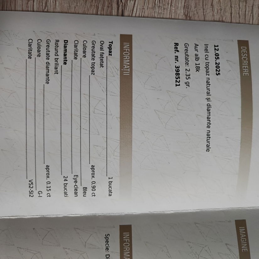 Inel aur alb cu piatra topaz și diamante cu certificat gemologic
