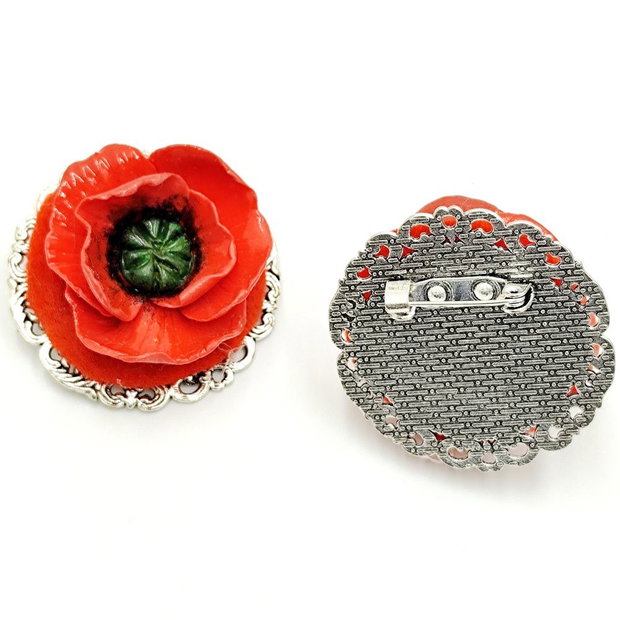 Brosa unicat floare de mac pe baza metalica 4501