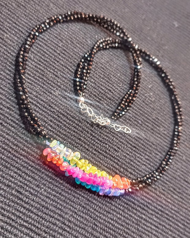 Colier argint X3 opal de foc etiopian spinel negru multicolor boho chic trendy - Transport gratuit