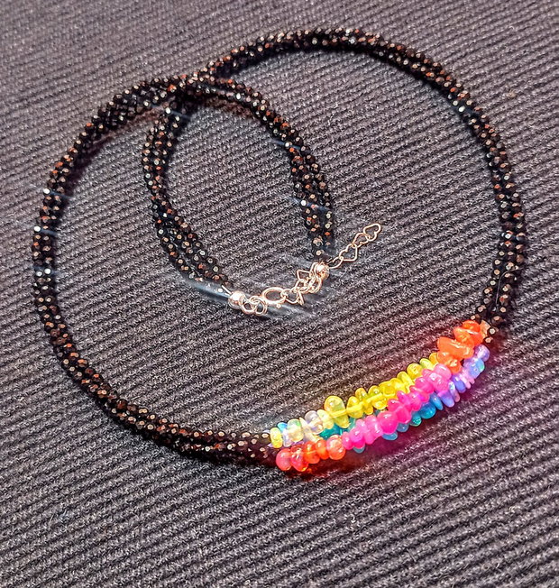 Colier argint X3 opal de foc etiopian spinel negru multicolor boho chic trendy - Transport gratuit