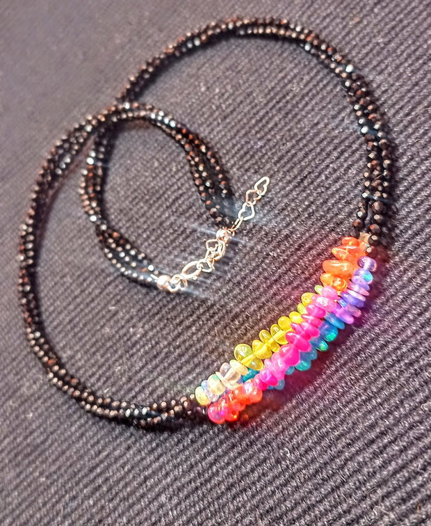 Colier argint X3 opal de foc etiopian spinel negru multicolor boho chic trendy - Transport gratuit