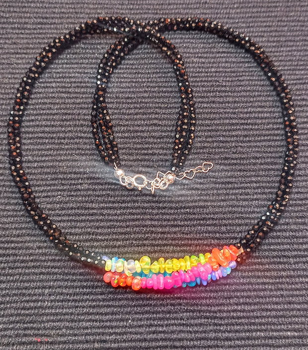 Colier argint X3 opal de foc etiopian spinel negru multicolor boho chic trendy - Transport gratuit