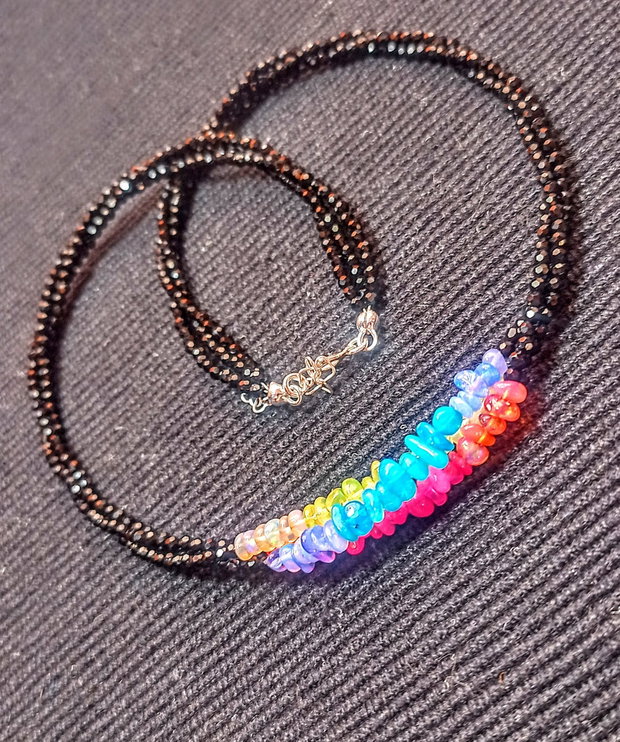 Colier argint X3 opal de foc etiopian spinel negru multicolor boho chic trendy - Transport gratuit