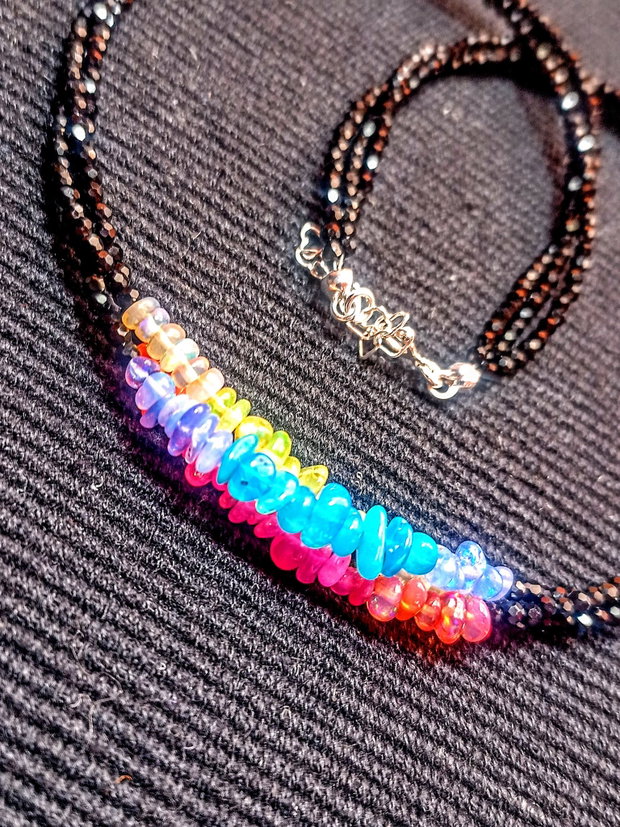 Colier argint X3 opal de foc etiopian spinel negru multicolor boho chic trendy - Transport gratuit