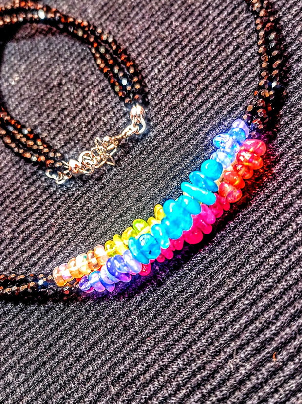 Colier argint X3 opal de foc etiopian spinel negru multicolor boho chic trendy - Transport gratuit
