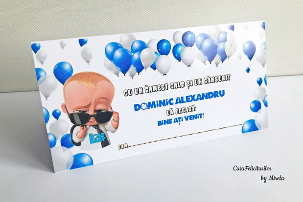 Plicuri bani botez băieți Baby Boss cu baloane alb-albastre