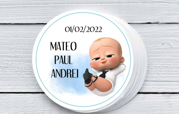 Etichete rotunde botez Baby Boss cu servietă
