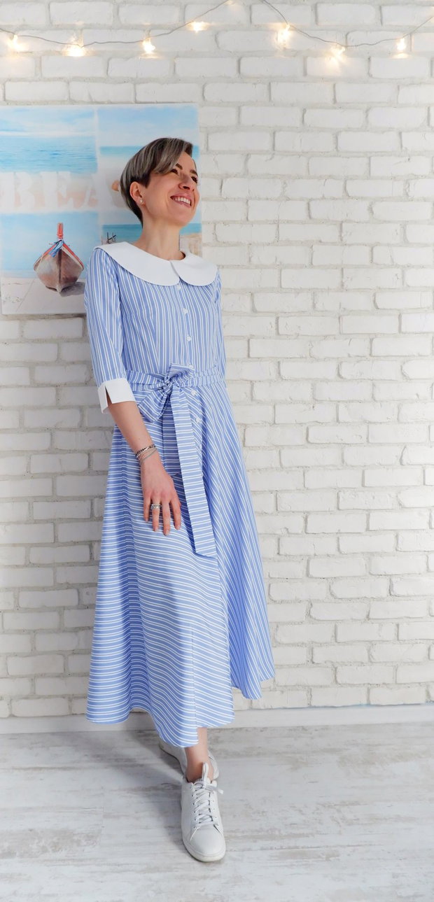 Rochie Camasa Bleu cu Guler Mare Rotund