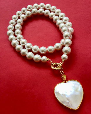 Colier perle de Mallorca & inima sidef natural