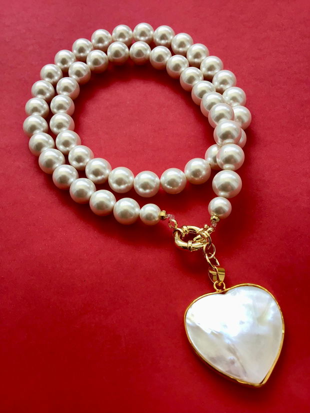 Colier perle de Mallorca & inima sidef natural