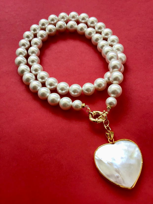 Colier perle de Mallorca & inima sidef natural