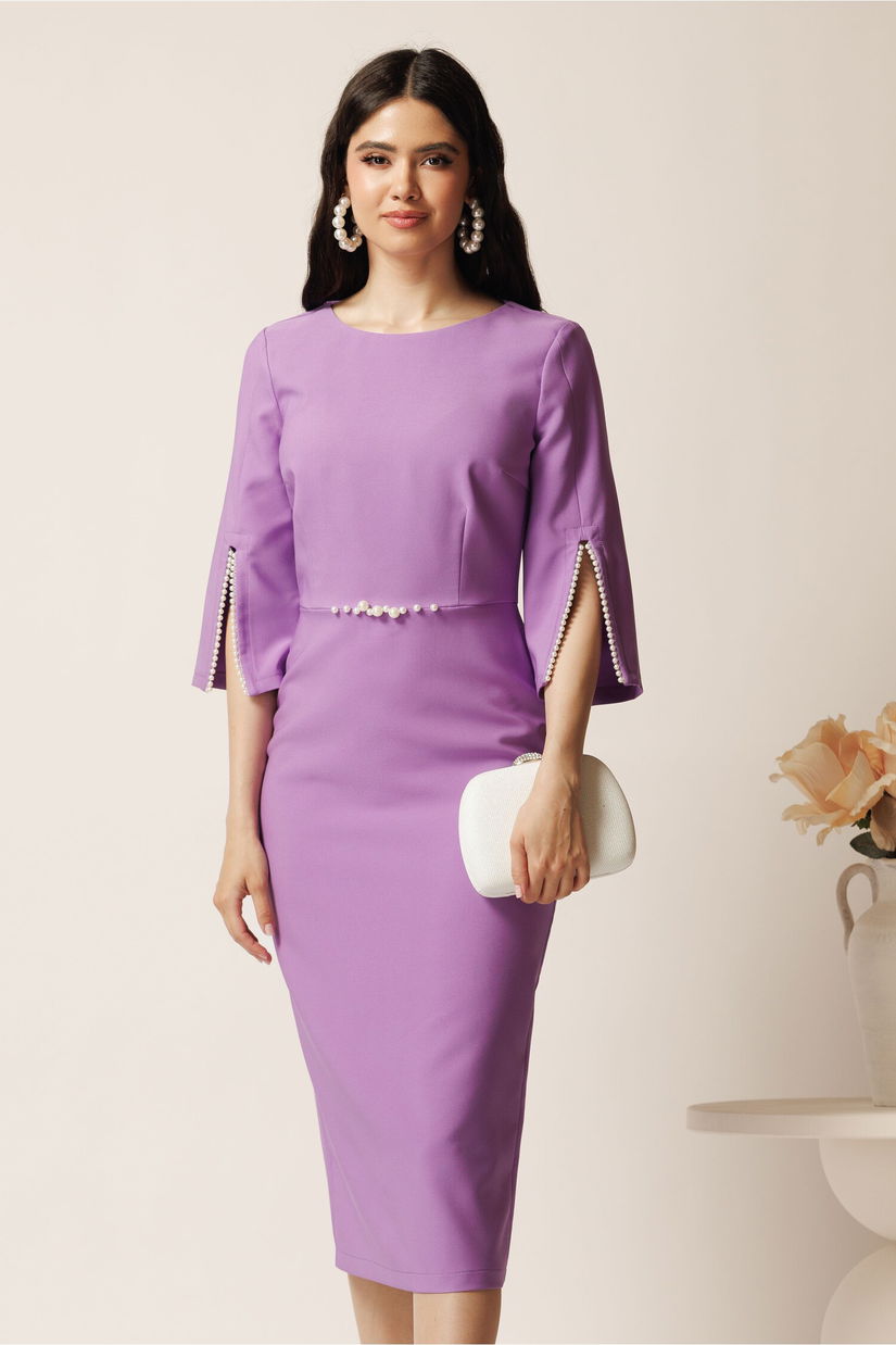 Rochie midi lila din stofa conica cu perle la maneci si in talie- LaDonna