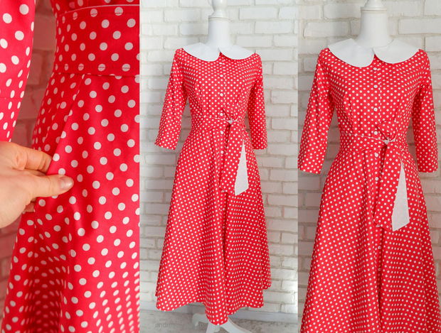 Rochie Camasa Rosie cu Buline si Guler Mare Rotund Alb