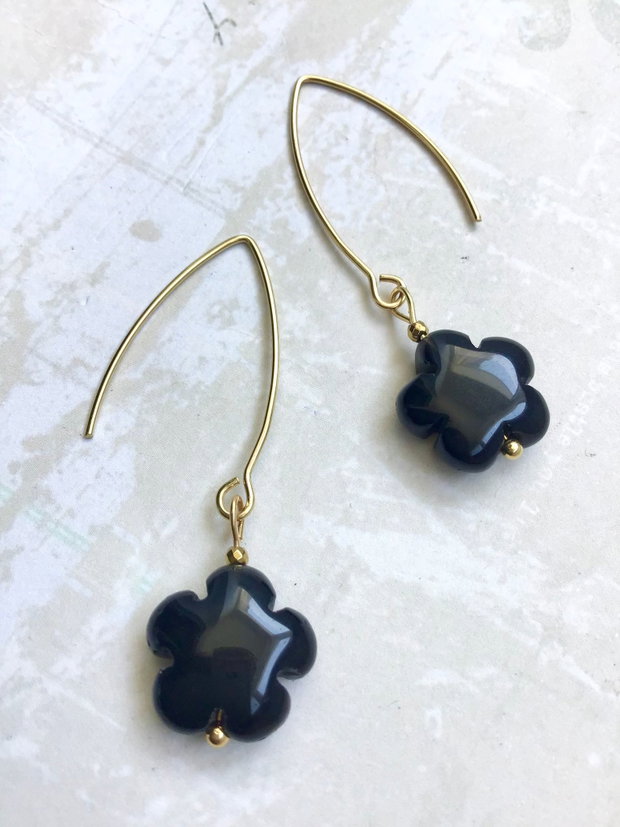 Cercei flori obsidian negru