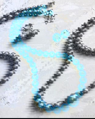 Colier perle Swarowski bleu turcoaz