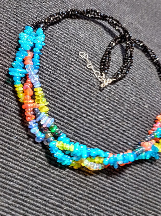 Colier argint X3 opal de foc etiopian multicolor spinel negru boho chic trendy - Transport gratuit