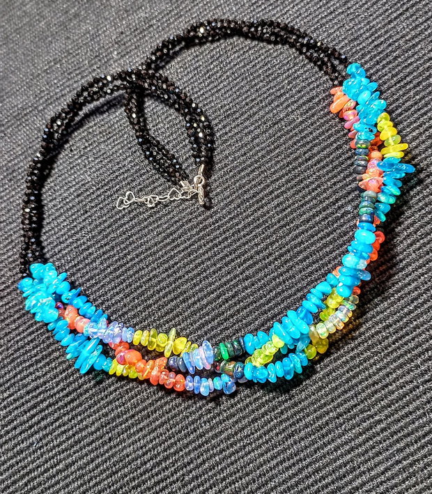 Colier argint X3 opal de foc etiopian multicolor spinel negru boho chic trendy - Transport gratuit