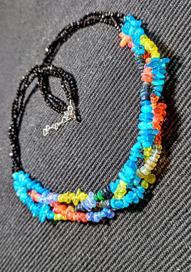 Colier argint X3 opal de foc etiopian multicolor spinel negru boho chic trendy - Transport gratuit