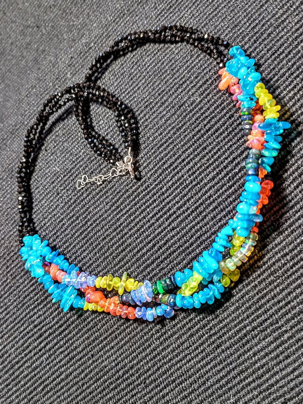 Colier argint X3 opal de foc etiopian multicolor spinel negru boho chic trendy - Transport gratuit