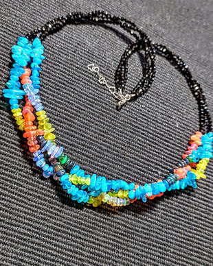 Colier argint X3 opal de foc etiopian multicolor spinel negru boho chic trendy - Transport gratuit