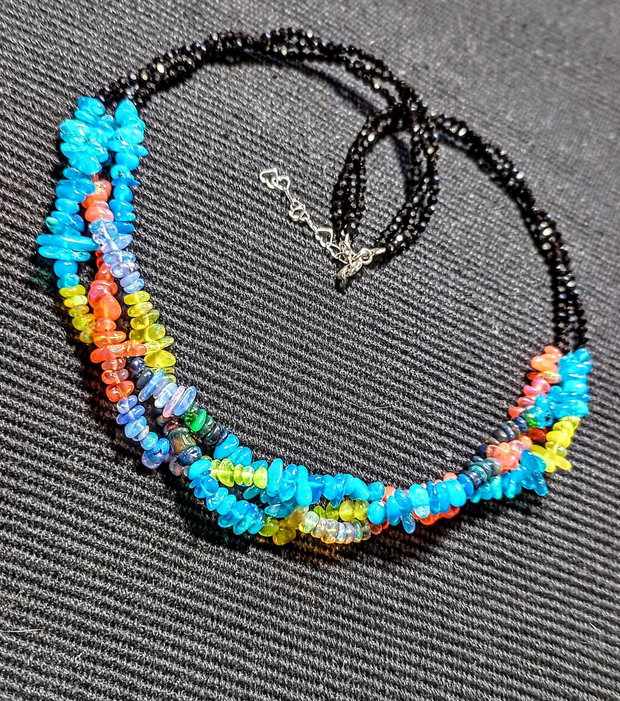 Colier argint X3 opal de foc etiopian multicolor spinel negru boho chic trendy - Transport gratuit