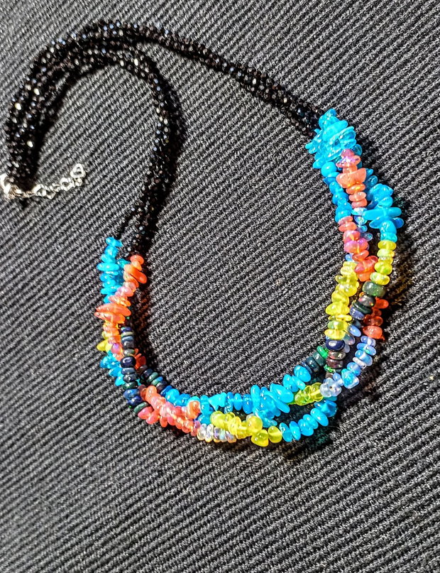 Colier argint X3 opal de foc etiopian multicolor spinel negru boho chic trendy - Transport gratuit
