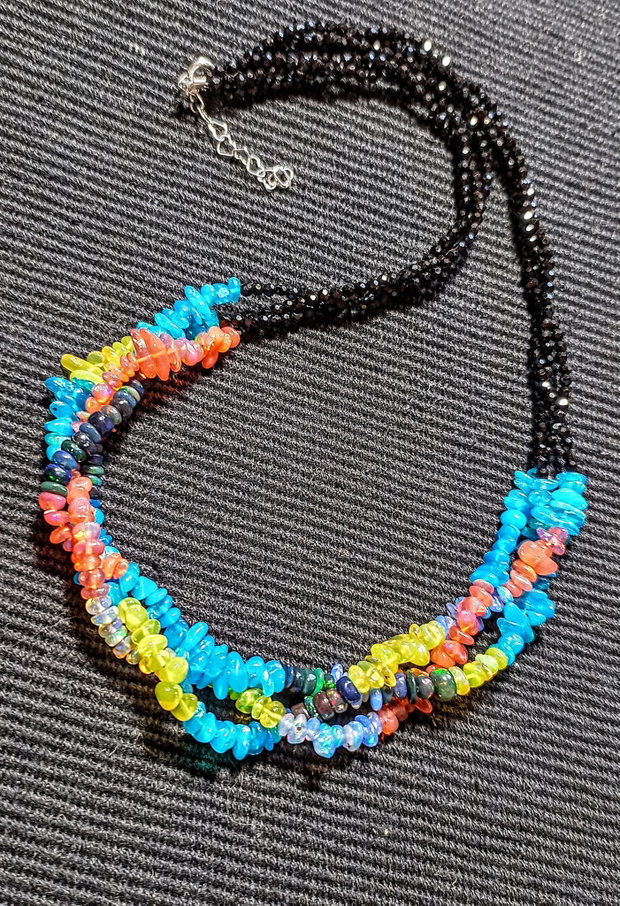 Colier argint X3 opal de foc etiopian multicolor spinel negru boho chic trendy - Transport gratuit