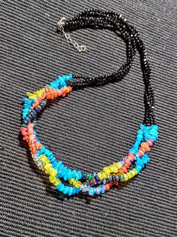 Colier argint X3 opal de foc etiopian multicolor spinel negru boho chic trendy - Transport gratuit