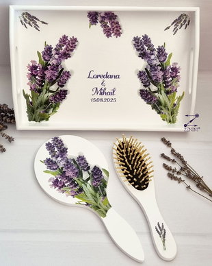 Set gatitul miresei lavanda, set mireasa lavanda, set perie si oglinda lavanda, set tava mireasa, set nunta lavanda, set shabby chic, tava mireasa