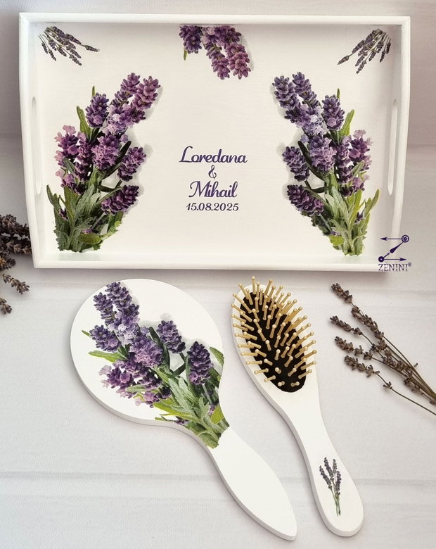 Set gatitul miresei lavanda, set mireasa lavanda, set perie si oglinda lavanda, set tava mireasa, set nunta lavanda, set shabby chic, tava mireasa