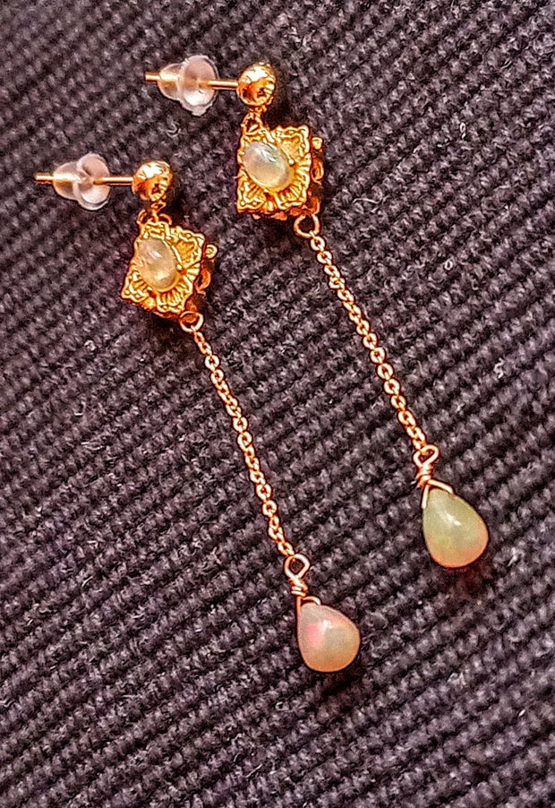 Cercei vermeil opal de foc etiopian lant tija argint placat cu aur picatura minimalisti boho chic trendy - Transport gratuit
