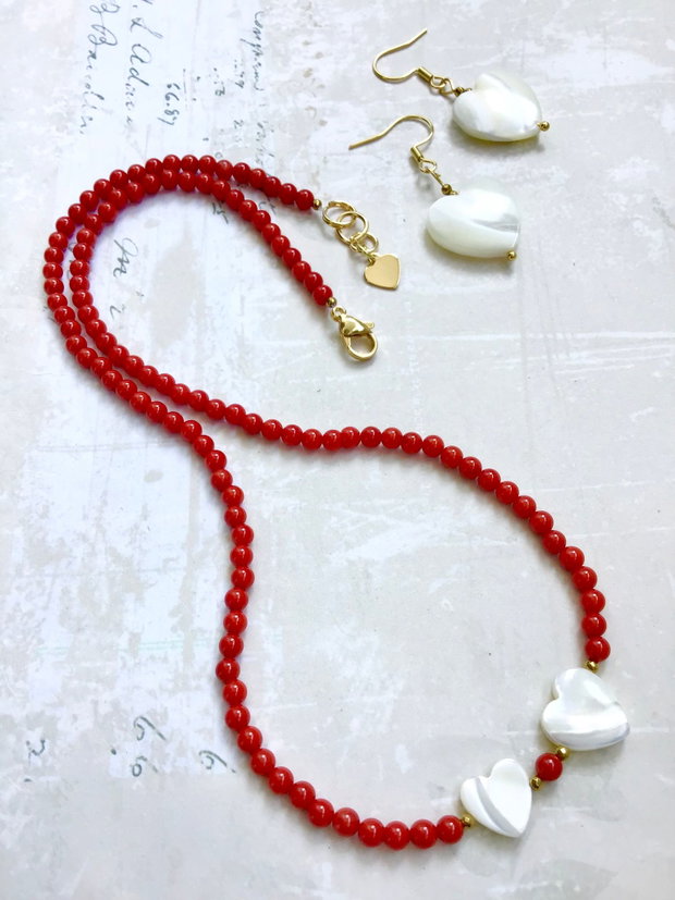 Set coral rosu & inimi sidef alb