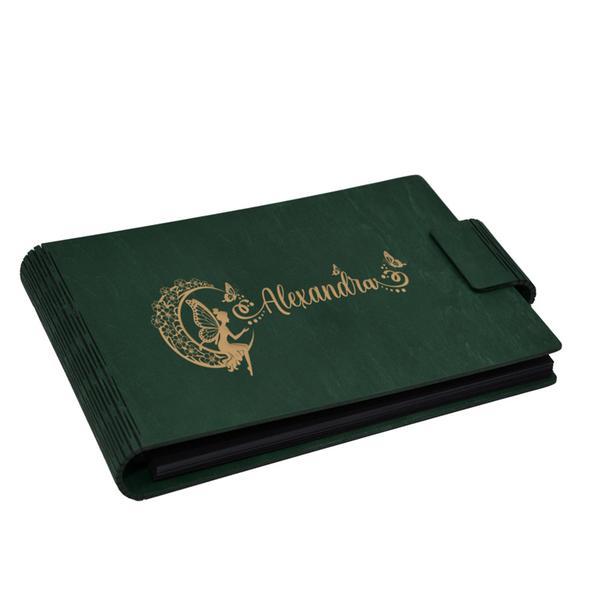 Album foto A5 personalizat, din lemn, Verde, Piksel, GuestBook, Caiet amintiri copii, Zana pe Luna cu nume