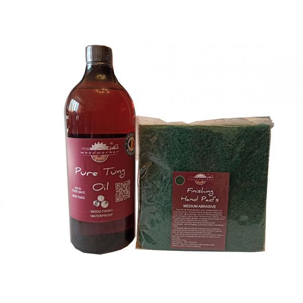 Kit intretinere mobilier lemn masiv, Prep&rsquo;N Shine-Pure Teak Oil &amp;Hand Pad&rsquo;s Medium Abrasive verde,  1000 ml, interior, exterior, woodworker