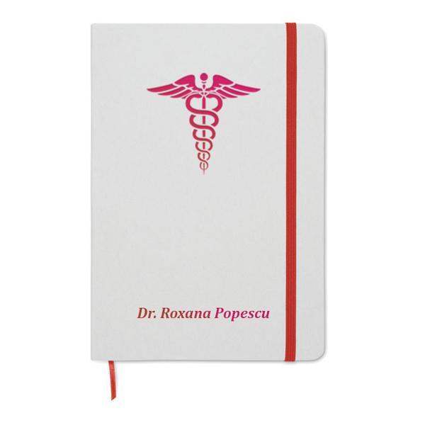 Agenda A5, Piksel, coperta tare, gravabila, alb-rosu, Medicina, Doctor, hartie reciclata 160 pagini, inchidere elastica