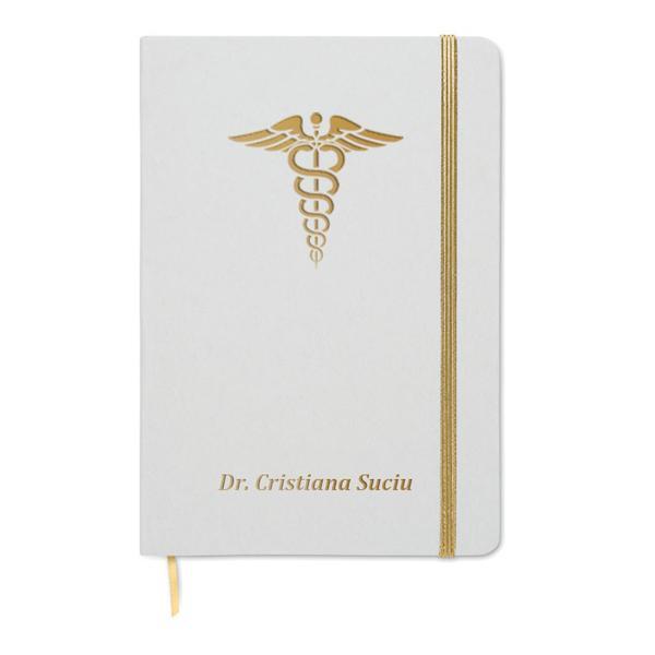Agenda A5, Piksel, coperta tare, gravabila, alb-auriu, Medicina, Doctor, hartie reciclata 160 pagini, inchidere elastica
