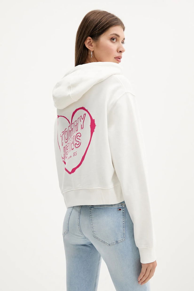 Tommy Jeans hanorac de bumbac culoarea alb, cu glugă, cu imprimeu, DW0DW21408