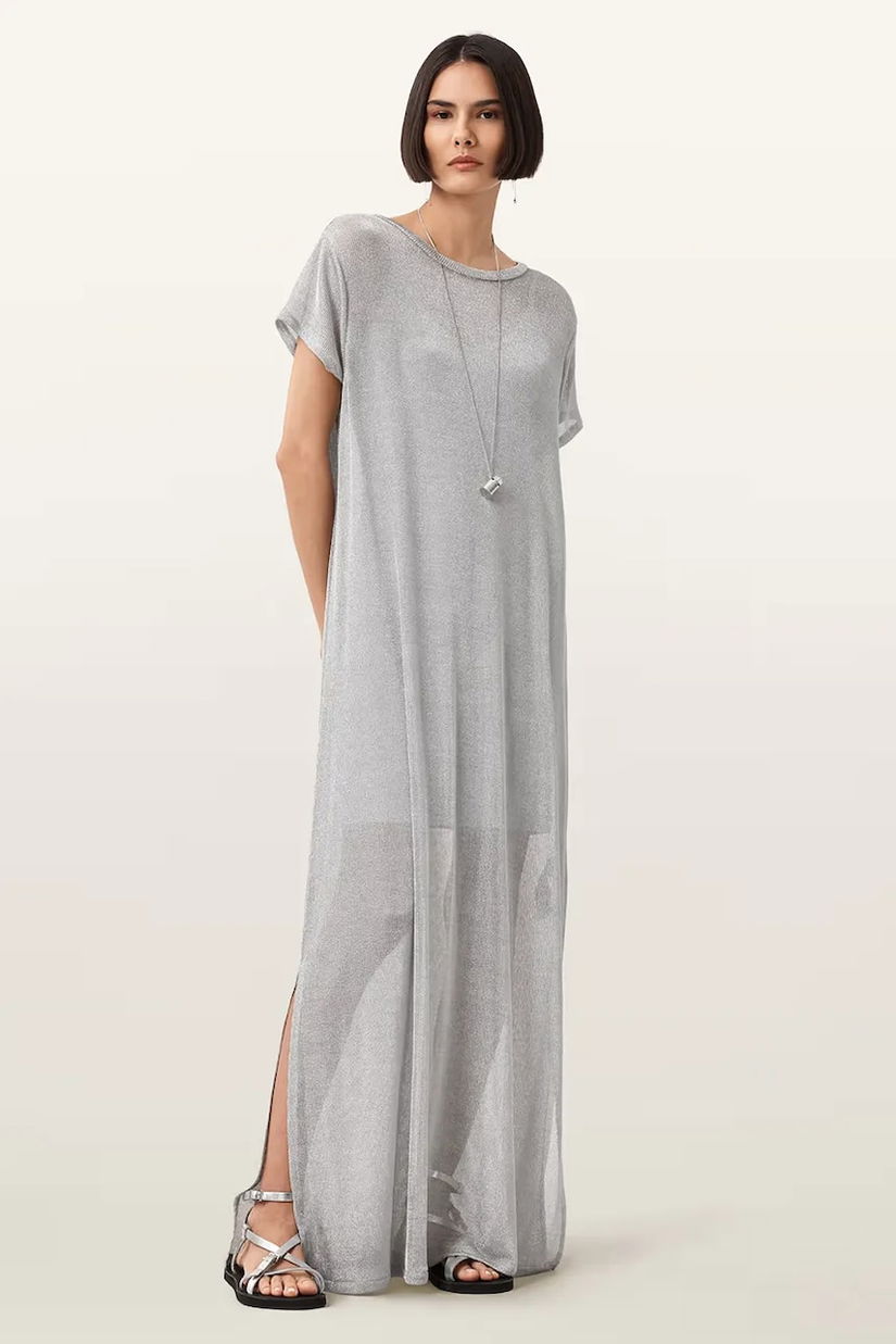 AllSaints rochie THEA culoarea argintiu, maxi, drept, W236DC
