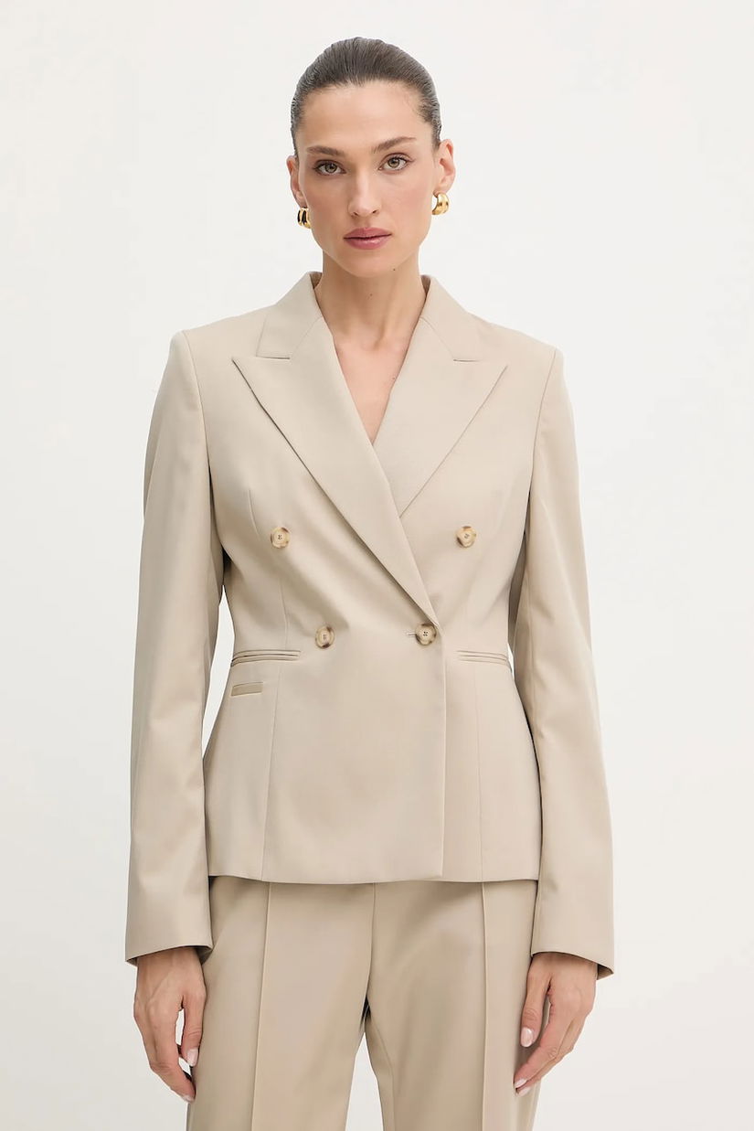 BOSS geacă de lână culoarea bej, cu două rânduri de nasturi, uni, 50543280