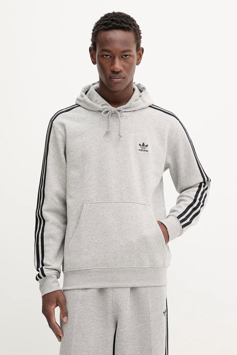 adidas Originals bluză 3-Stripes culoarea gri, cu glugă, cu imprimeu, JY1376