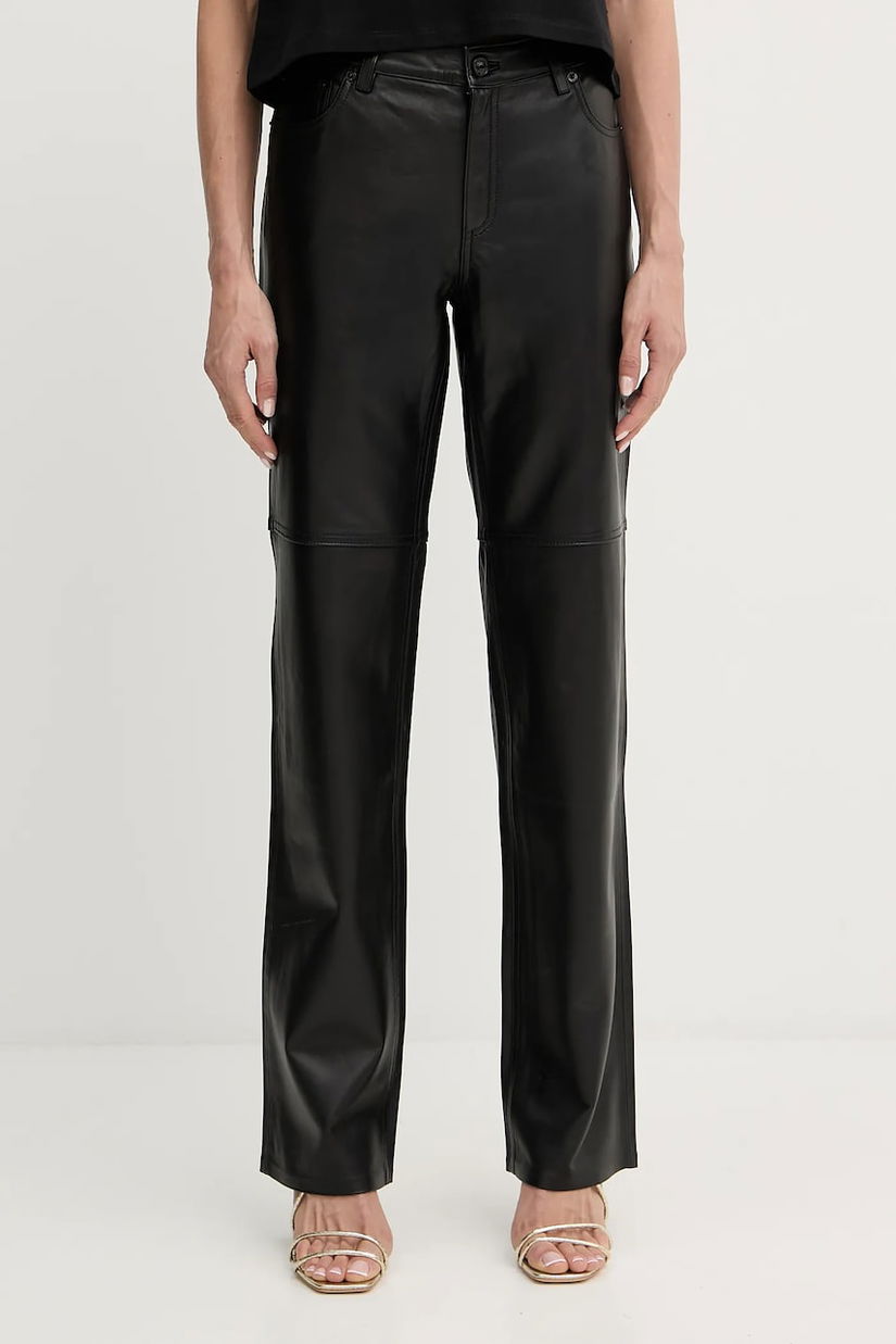 MICHAEL Michael Kors pantaloni de piele culoarea negru, drept, high waist, MT530UWFAF