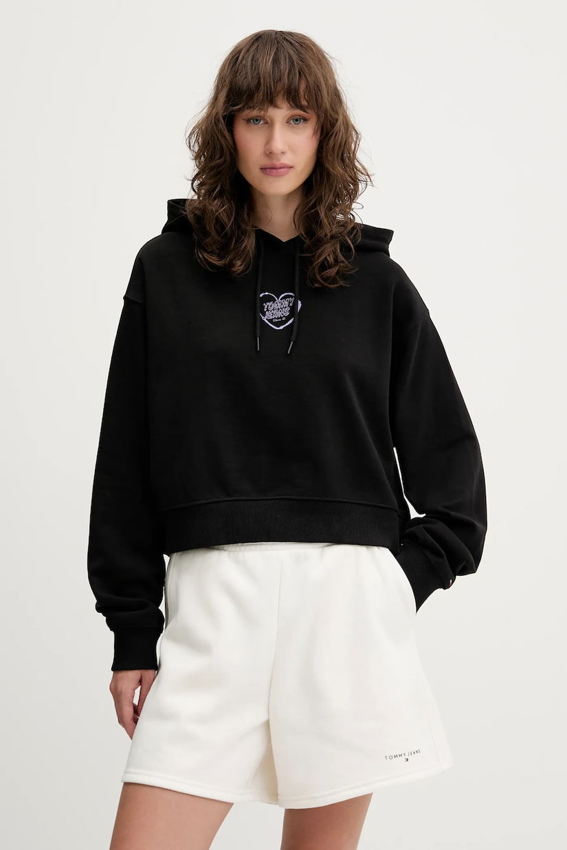 Tommy Jeans hanorac de bumbac culoarea negru, cu glugă, cu imprimeu, DW0DW21408