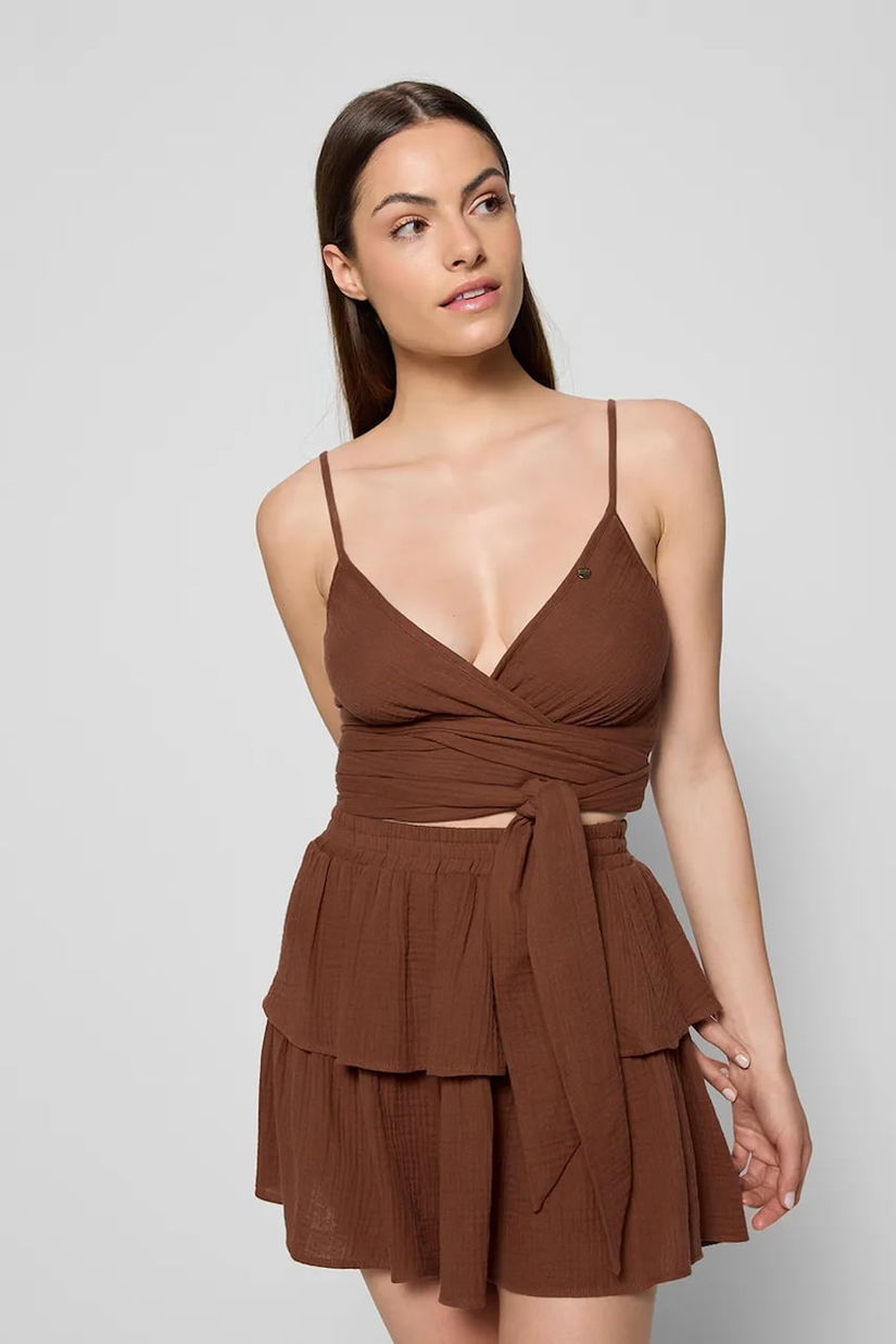 Bizuu pantaloni scurți OSTER culoarea maro, high waist, OSTER BRĄZOWY