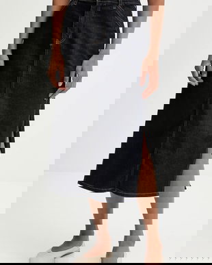 Answear.LAB fusta jeans culoarea albastru marin, midi, creion