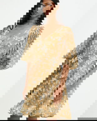 Answear.LAB rochie din matase culoarea bej, mini, evazati