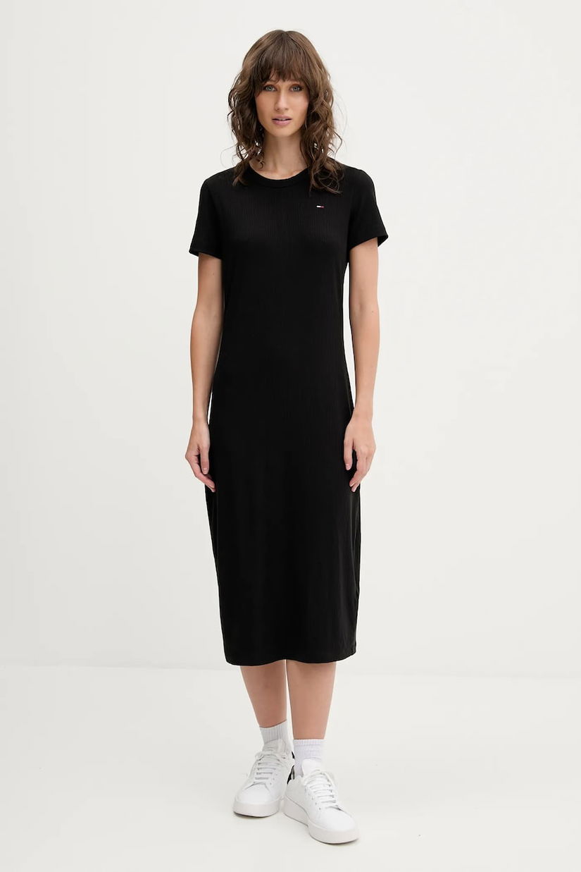 Tommy Jeans rochie culoarea negru, midi, evazată, DW0DW19721