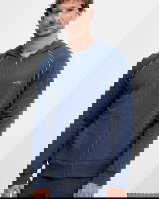 BOSS bluză lounge culoarea albastru marin, cu glugă, neted